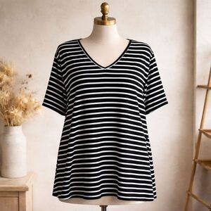 J.Jill Pima Slub Elbow Sleeve Tee Size 2x Striped Top Black White Pima Cotton